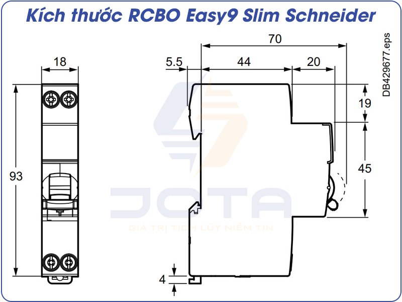 Kích thước CB chống giật Easy9 Slim RCBO Schneider