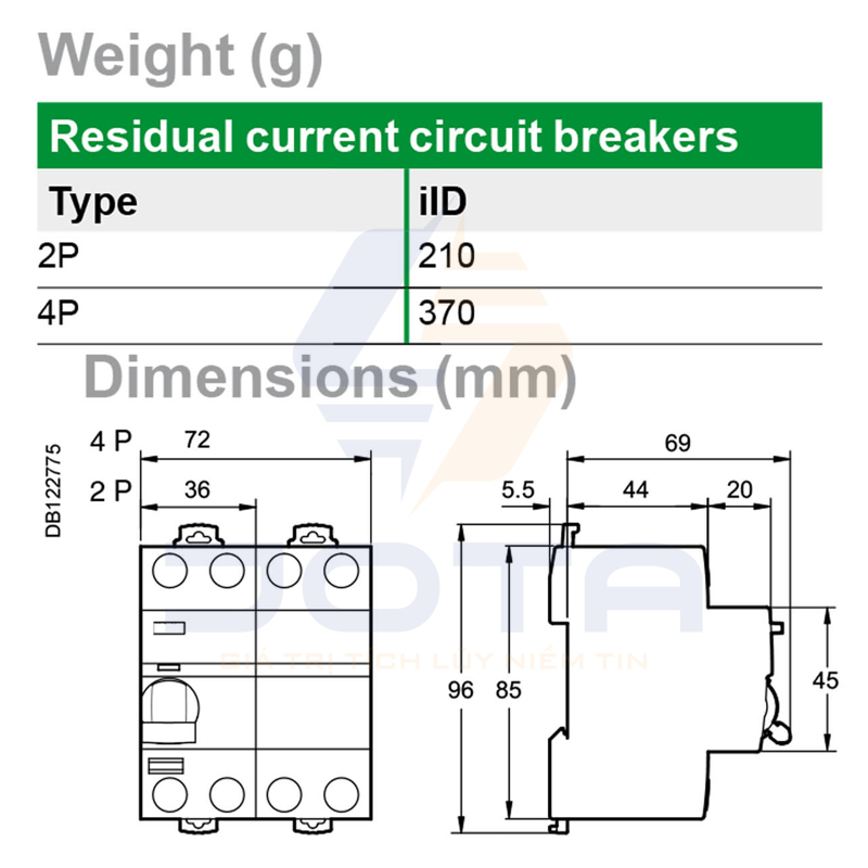 Kích thước CB chống giật RCCB Acti9 ilD Schneider