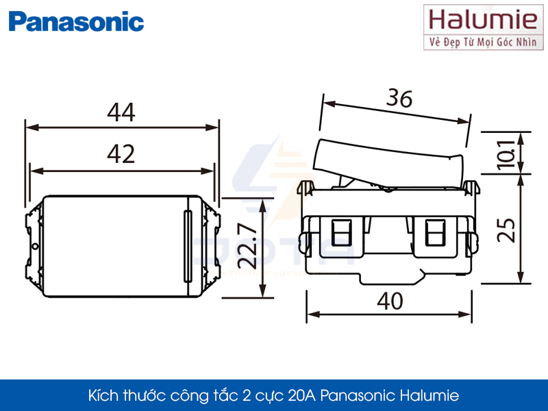 Kích thước công tắc 2 cực 20A Panasonic Halumie