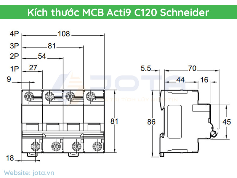 Kích thước MCB Acti9 C120 Schneider