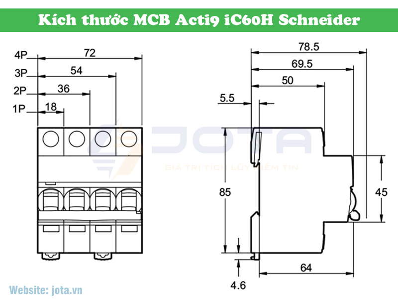 Kích thước MCB Acti9 iC60H Schneider