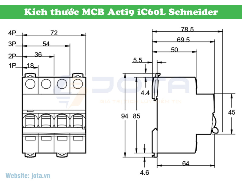 Kích thước MCB Acti9 iC60L Schneider