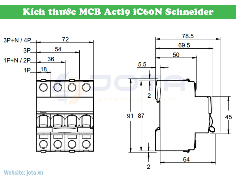 Kích thước MCB Acti9 iC60N Schneider