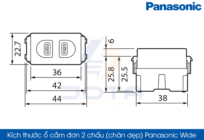 Kích thước ổ cắm đơn 2 chấu chân dẹp Panasonic Wide