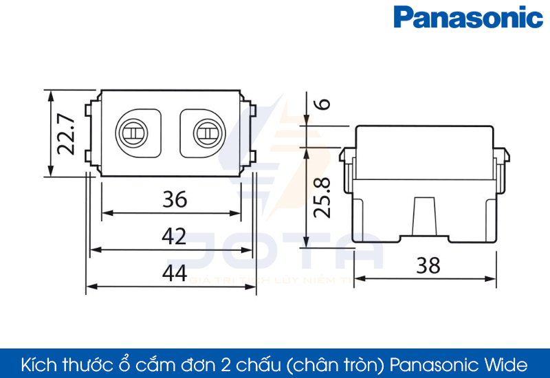 Kích thước ổ cắm đơn 2 chấu chân tròn Panasonic Wide