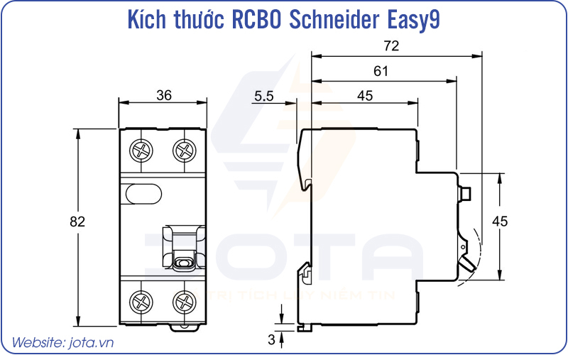 Kích thước CB chống giật RCBO Schneider Easy9