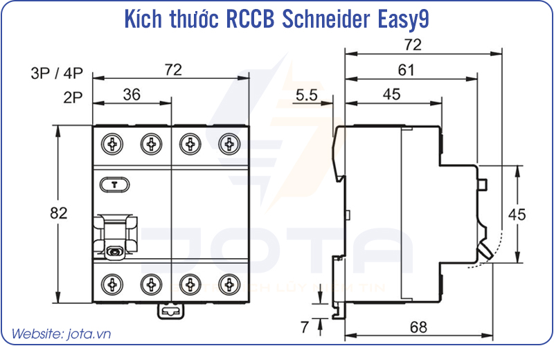 Kích thước CB chống giật RCCB Schneider Easy9